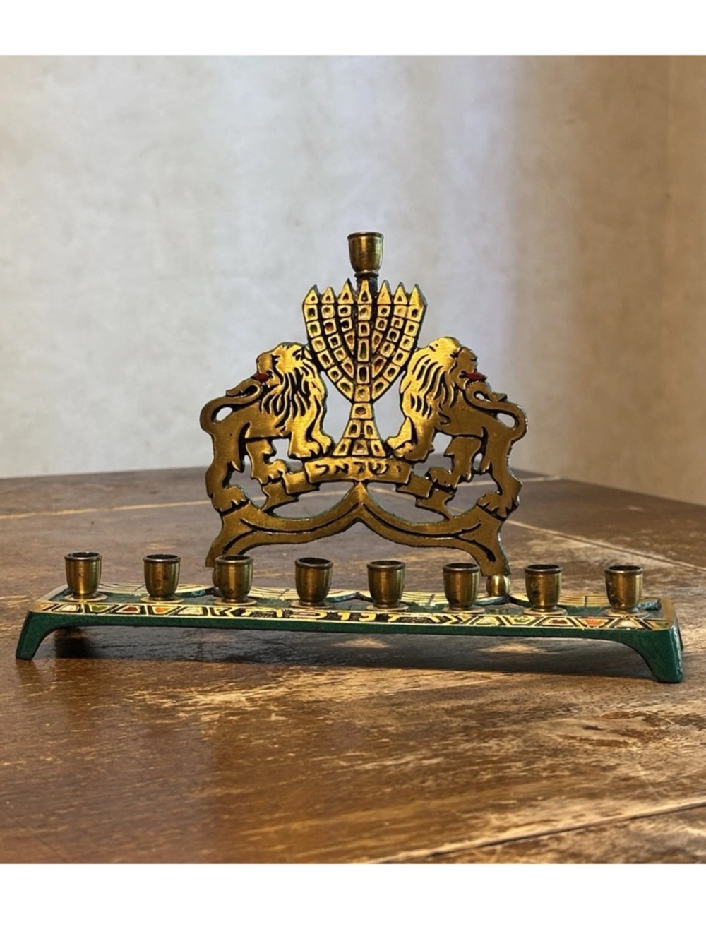 Vintage Israel Menorah Lion of Judah Brass Enamel Hanukkah Candle Holder